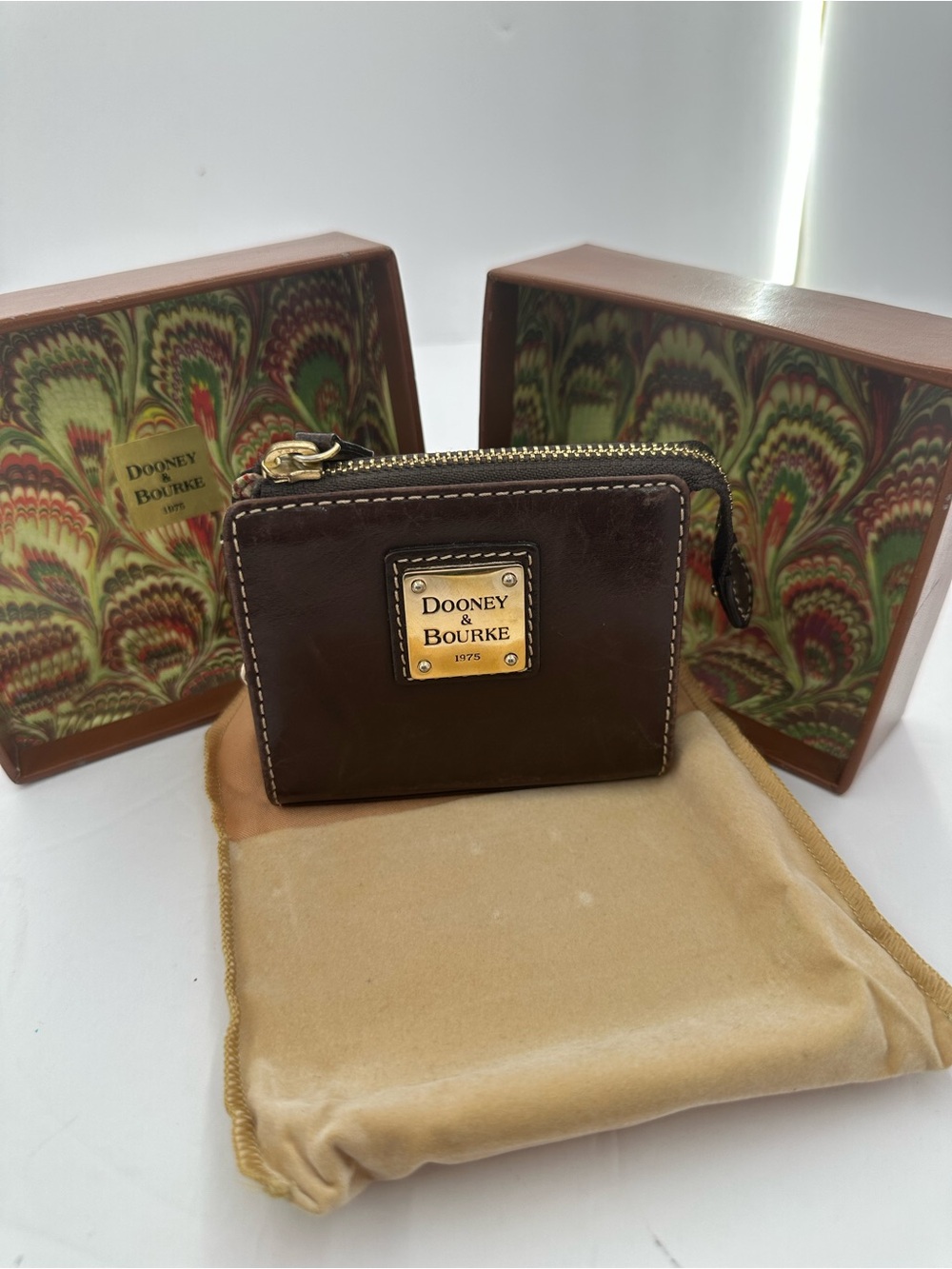 Dooney & Bourke Florentine Dark Brown Leather Zip Card Case with Gold Plaque